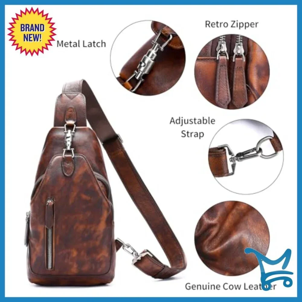 Genuine Leather Crossbody Sling Bag Vintage Daypack Backpack Adjustable Strap